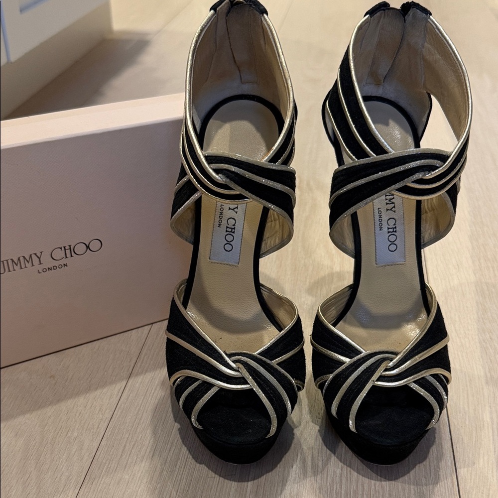 Jimmy Choo Black and Gold Strappy Heels